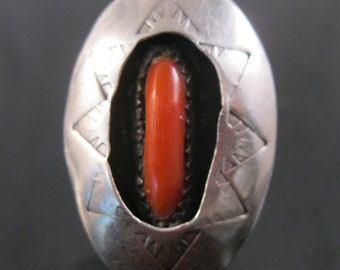 Vintage Native American Red Coral Shadow Box Stamped Sterling Silver Ring Size 4 Vintage Ring Vintage Jewelry Vintage Native American Ring