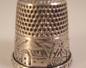 Antique Sterling Silver Landscape Scene Engraved Thimble Antique Thimble Gifts for Seamstress Gifts for Designer Gifts for Her Gifts for Mom