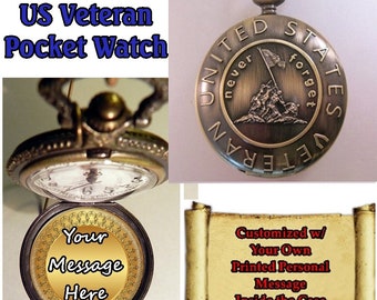 Custom US Military Veteran Pocket Watch Personalized Message with Your Choice of Chain Gifts for Veterans Gifts for Veteran Gifts for Men