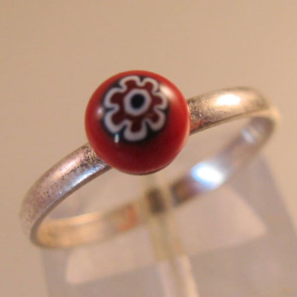 Vintage Italian Millefiori Glass Bead Sterling Silver Ring Size 5.5 Red White Blue Ring Vintage Ring Vintage Jewelry Gifts for Her