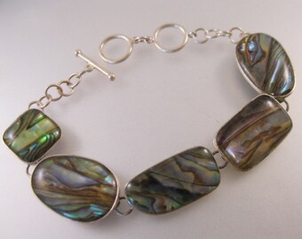 Vintage LUC 925 Sweden Sterling Silver Abalone Shell Chain Link Toggle Bracelet 8" Vintage Bracelet Vintage Jewelry Gifts for Women