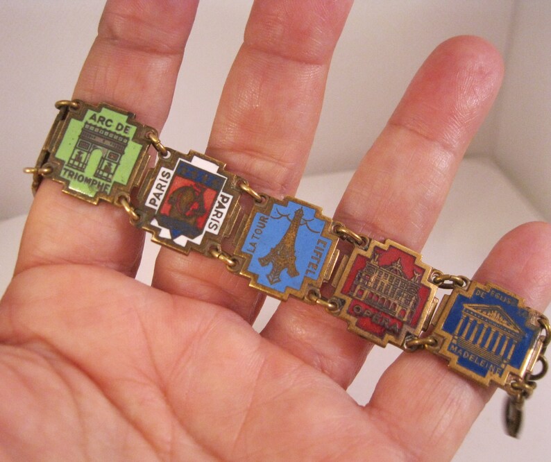 1930's Art Deco PARIS FRANCE Landmarks Souvenir Enamel Brass Link Bracelet 7' Vintage Bracelet Vintage Jewelry Gifts for Her Gifts for Women 