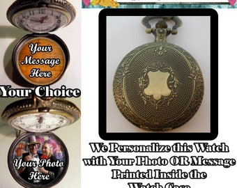 Custom Made CARTOUCHE Pocket Watch Personalized w/Your Message OR Photo & Choice of Chain Gifts for Mom Gifts for Her Gifts for Mother