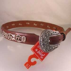 Vintage 1995 TONY LAMA 5087L Brown Leather Belt With Silver  display picture 3