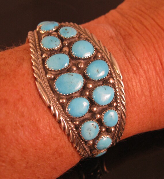 Signed KK Native American Navajo 18 Turquoise Stone Cuff Bracelet