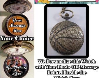 Custom Made BASKETBALL Pocket Watch Personalized w/ Your Message OR Photo & Choice of Chain Gifts for Men Gift for Men Gifts for Grandpa