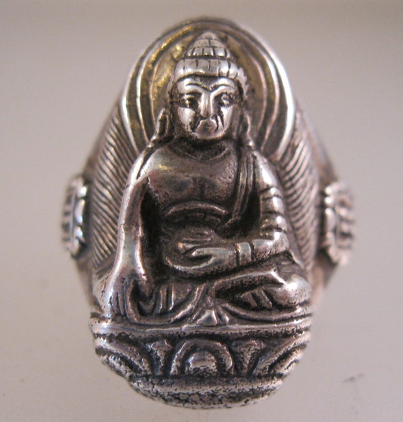 Antique Unisex Buddha Sterling Silver Ring Size 8 