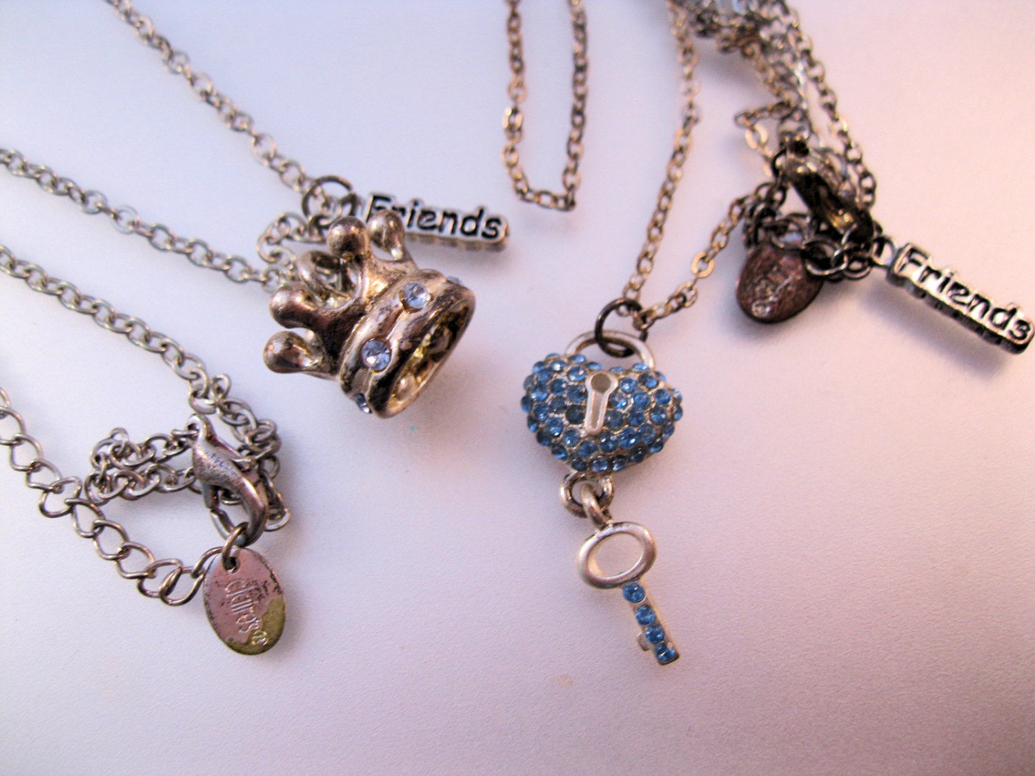 CLAIRE S Friends 2 Necklaces Crown Lock Key Princess Blue Rhinestones Silver Plated Vintage Jewelry Gift for Girlfriend Gift for Girl Etsy