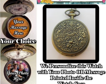 Custom Made ROMAN GREEK Pocket Watch Personalized w/ Your Message OR Photo & Choice of Chain Gifts for Men Gift for Men Gifts for Grandpa