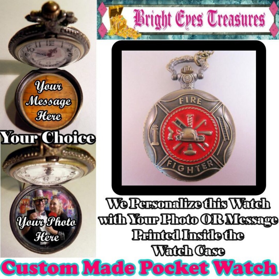 Custom Made RED FIRE FIGHTER Pocket Watch Personalized W/your Message or Photo & Choice of Chain
