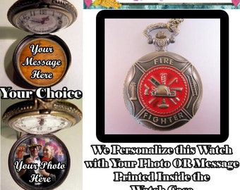 Custom Made RED FIRE FIGHTER Pocket Watch Personalized w/Your Message Or Photo & Choice of Chain Gifts for Men Gifts for Fire Fighters