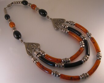 Vintage Orange & Black Lucite Beaded Tribal Necklace 3 Strand Silver Tone Metal Vintage Jewelry Costume Jewelry Designer Jewelry