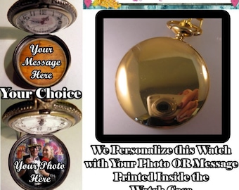 Custom Made Plain GOLD FINISH Pocket Watch Personalized w/Your Message Or Photo & Choice of Chain Gifts for Him Gifts for Men Gifts for Dad