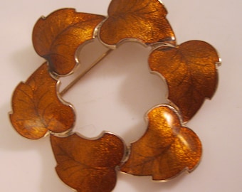 Vintage AUTUMN Guilloche Burnt Orange Enamel Oak Leaf Circle Wreath Brooch Costume Jewelry Autumn Jewelry Fall Jewelry Fall Brooch