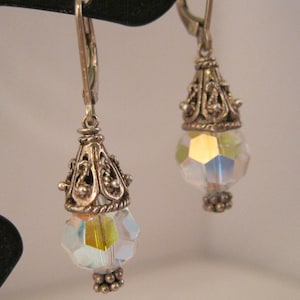 Viktorianischen Stil Aurora Borealis Kristall Perle Tropfen oder baumeln Sterling Silber Ohrringe Vintage Schmuck Vintage Ohrringe Geschenke für Sie
