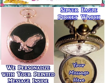 Custom Patriotic Silver & Black Eagle Military USA Pocket Watch Personalized Message w/Your Choice of Chain/Background Gifts for Serviceman