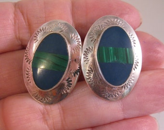 Taxco Mexican Malachite & Blue Enamel Sterling Silver Oval Stud Earrings Pierced Earrings Vintage Jewelry Vintage Earrings Gifts for Women