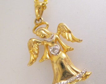 Vintage ROSS SIMONS Äkta Diamant Ängel Vermeil Sterlingsilverhänge och 20" 18KGP Kedjehalsband Vintage Halsband Vintage Smycken