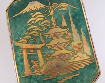 Vintage Japanese Scene Guilloche Green Enamel Gold Filled Brooch Made in Japan Vintage Jewelry Vintage Brooch Gifts for Her Gifts for Women