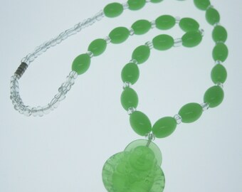 Vintage Green Peking Glass Buddha Beaded Pendant Necklace 17.75" Beaded Necklace Vintage Jewelry Vintage Necklace Gifts for Her Gift for Her