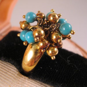 Vintage Italian Designer Genuine Turquoise Bead Tassel Ring Vermeil Sterling Silver Size 6 Vintage Ring Vintage Jewelry Fine Jewelry