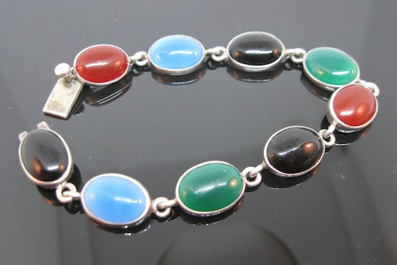 Vintage Mexican Multi Gemstone Oval Link Bracelet… - image 1