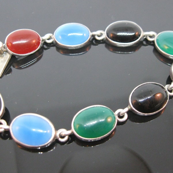 Vintage Mexican Multi Gemstone Oval Link Bracelet Sterling Silver Mexico Fine Jewelry Multi Colored Vintage Jewelry Vintage Bracelet