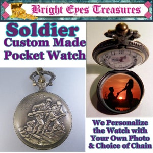 Custom Made Army Marine Soldier Pocket Watch Personalized with Your Photo Inside & Choice of Chain Gifts for Men Gifts for Serviceman