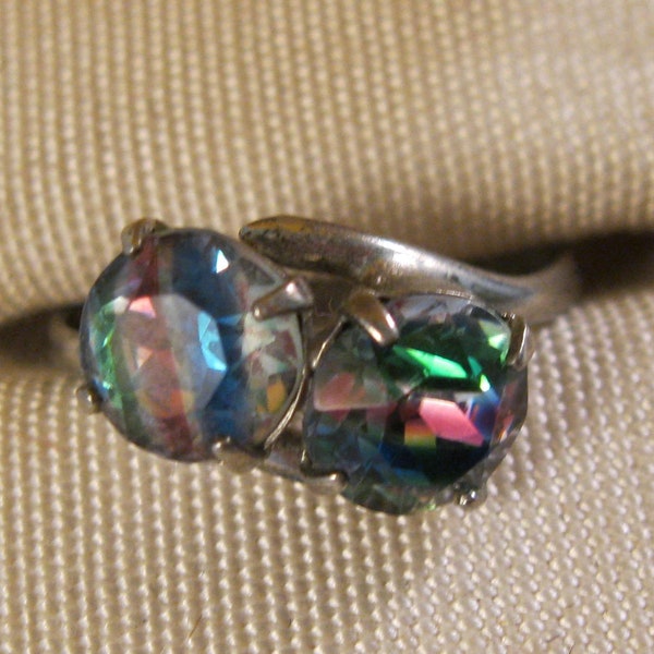 Vintage McGRATH-HAMIN Iris Glass Rainbow Glass 2-Stone Sterling Silver Ring Size 4.5 Vintage Jewelry Vintage Ring Gifts for Her