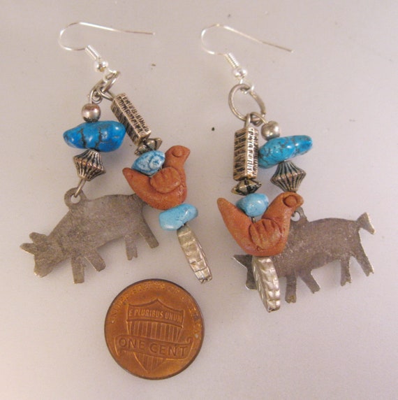 Vintage Pig & Chicken Pewter Turquoise Chandelier… - image 2