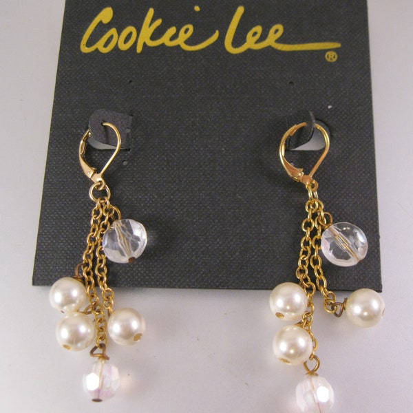 COOKIE LEE Glass Pearls Faux Crystal Gold Tone Drop Dangle Earrings Chandelier Earrings Vintage Earrings Vintage Jewelry Gifts for Her