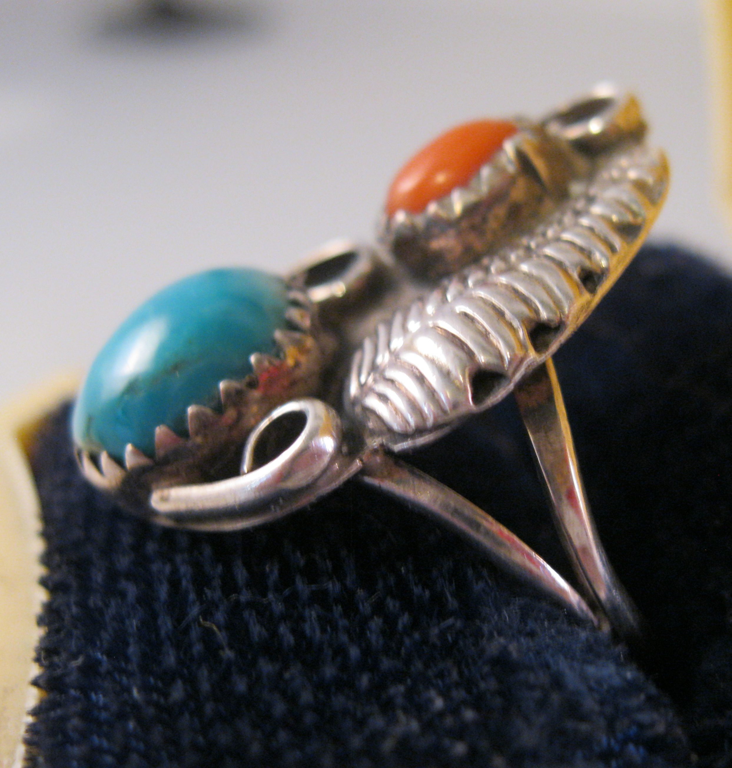 Navajo Native American Squash Blossom Turquoise & Coral Ring Size