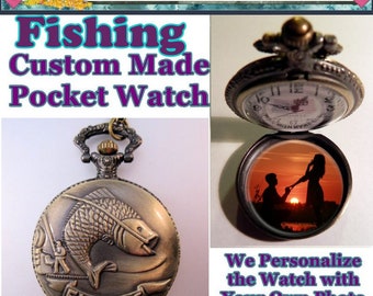 Custom Made FISHING FISH Pocket Watch Personalized with Your Photo Inside & Choice of Chain Gifts for Dad Gifts for Fisherman Gifts for Son