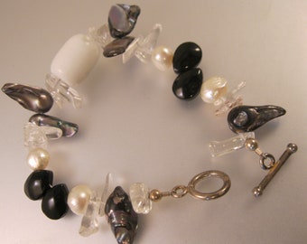 Hand Made Abalone Pearl & Quartz Crystal Beaded Bracelet Sterling Silver 7 3/4" Vintage Bracelet Vintage Jewelry Gift for Women Gift for Her