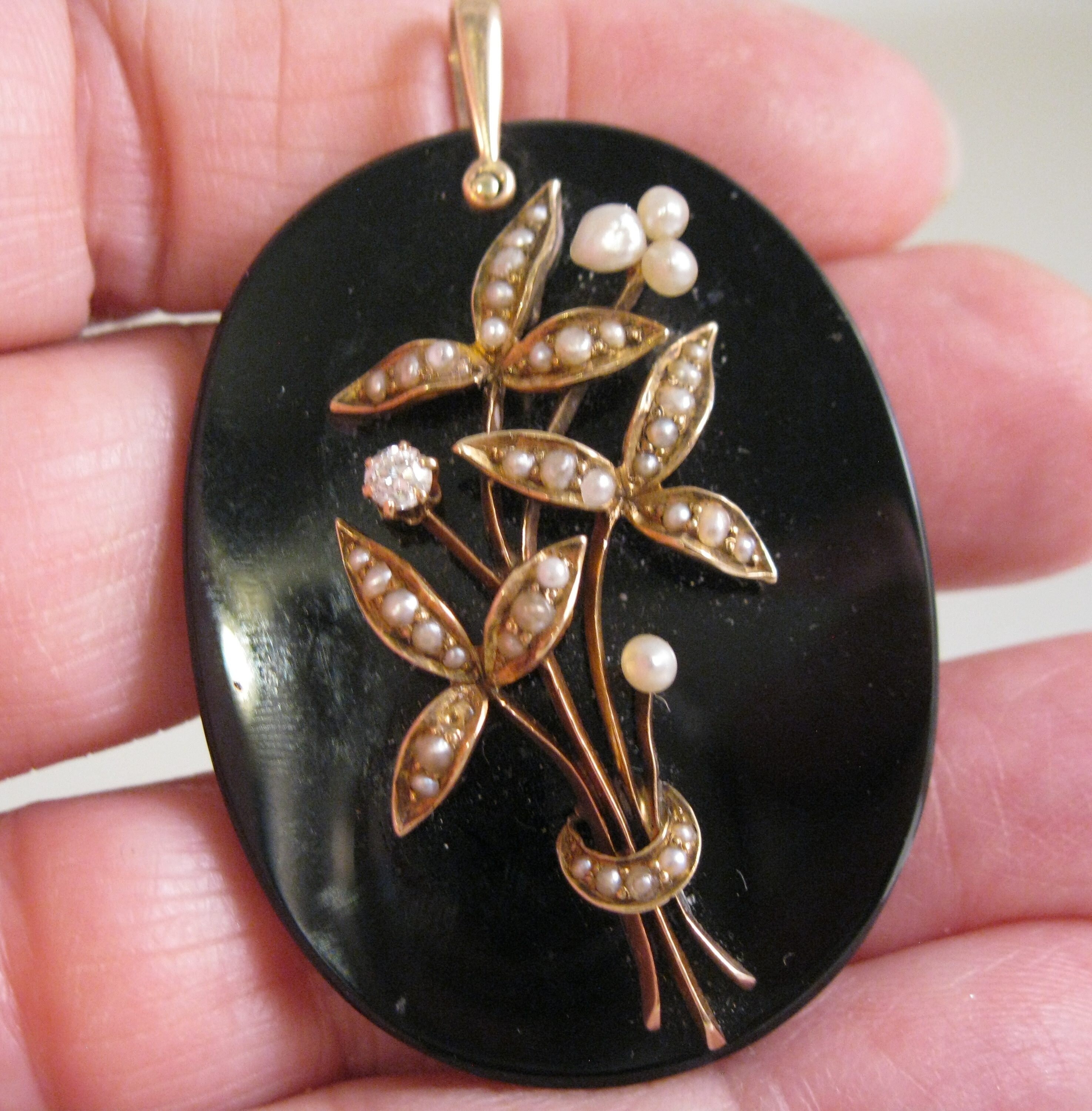 Broche Ancienne Victorienne Or Rose 14 Carats, Onyx Et Perle - Occasion