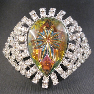 Vintage Large Rainbow Glass Reverse Carved Teardrop Rhinestone Brooch Vintage Brooch Vintage Jewelry Gifts for Her Gifts for Mom