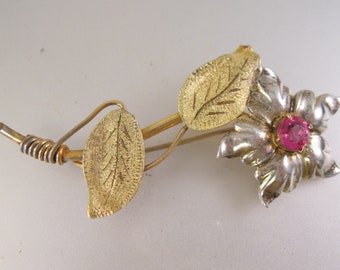 Vintage 1940s Unsigned Coro Sterling Silver & Gold-Plated Ruby Paste Stone Flower Brooch Vintage Brooch Vintage Jewelry Gifts for Her