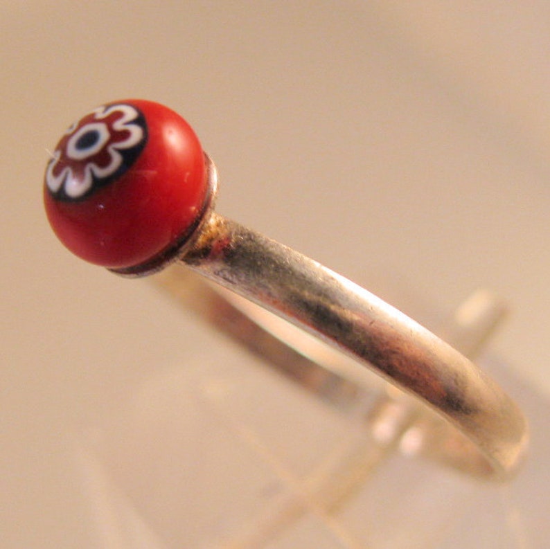 Vintage Italian Millefiori Glass Bead Sterling Silver Ring Size 5.5 Red White Blue Ring Vintage Ring Vintage Jewelry Gift for Her