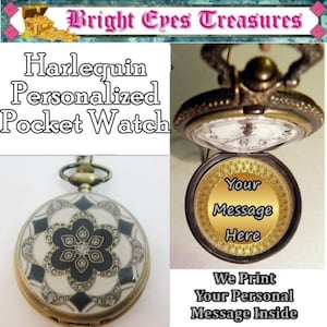 Harlequin Black & White Enamel w/ Glitter Personalized Pocket Watch w/Your Choice of Chain Gifts for Mother Gifts for Him Gifts for Her