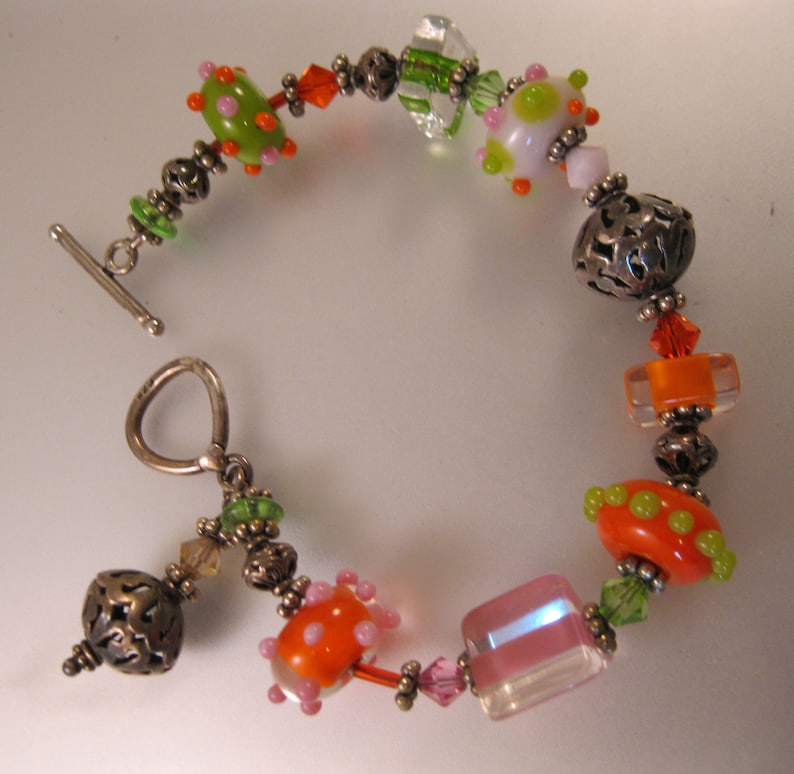 Hand Made Venetian Art Glass /& Silver Beaded Bracelet Sterling Silver 8 34 Orange Green Pink Vintage Bracelet Vintage Jewelry Gift for Her