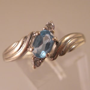 Vintage .57ct Oval Cut Blue Topaz & White Zircons Sterling Silver Ring Size 10 Signed HMI Vintage Jewelry Vintage Ring Gifts for Her