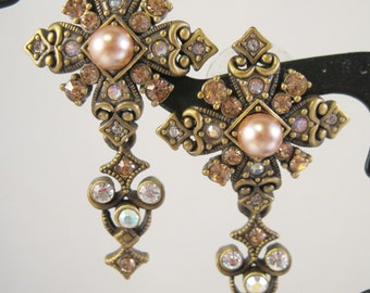 Vintage Bronze Rhinestone Maltese Cross Drop Pierced Earrings Vintage Earrings Vintage Jewelry Drop Earrings Dangle Earrings Gifts for Women