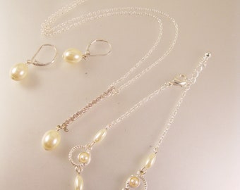 Vintage SAQ Art Deco Revival Lavaliere Faux Pearl Crystal Parure Smyckeset Halsband Armband & Örhängen Set Vintage Smyckeset