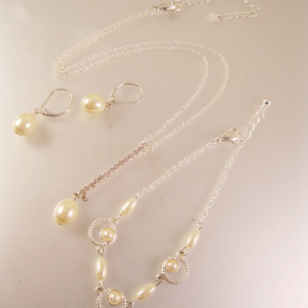 Vintage SAQ Art Deco Revival Lavaliere Faux Pearl Crystal Parure Jewelry Set Necklace Bracelet & Earrings Set Vintage Jewelry Set