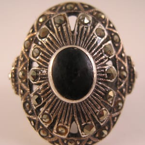 Art Deco Style Black Onyx & Marcasite Sterling Silver Ring Size 7 Vintage Jewelry Vintage Ring Vintage Jewelry Gifts for Her Gifts for Mom