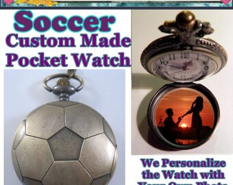 Custom Made Soccer Ball Pocket Watch Personalized with Your Photo Inside & Choice of Chain Gifts for Soccer Player Gifts for Boys