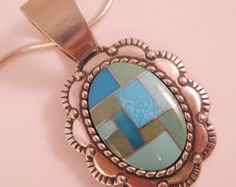 RELIOS Carolyn Pollack Blue & Green Turquoise Inlay Sterling Silver Pendant Necklace 18" Southwestern Vintage Jewelry Vintage Pendant