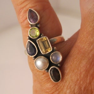 Modernist Multi Gemstone Sterling Silver Ring Size 6.5 Genuine Amethyst Citrine Moonstone Topaz Pearl Peridot Vintage Ring Vintage Jewelry