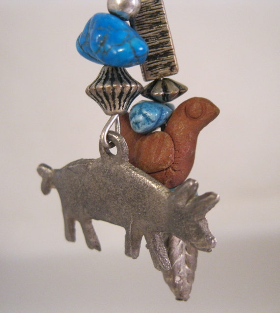 Vintage Pig & Chicken Pewter Turquoise Chandelier… - image 4