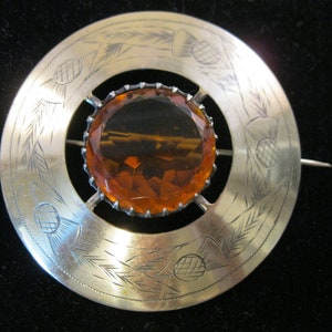 Antique Victorian BIG SCOTTISH Kilt Brooch Engraved Thistle Citrine Glass Brass Antique Brooch Antique Jewelry Scottish Jewelry Unisex Gifts
